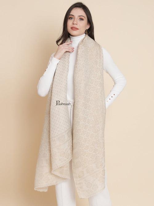 Pashtush Womens Extra Fine Wool Shawl, Twilight Reversible Design, Ivory