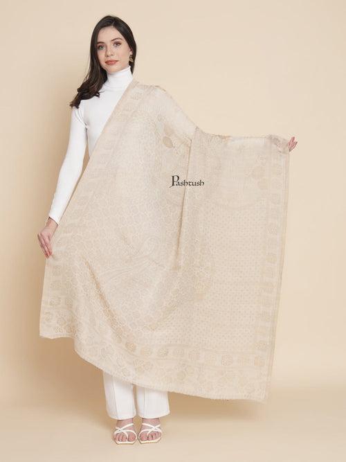 Pashtush Womens Extra Fine Wool Shawl, Twilight Reversible Design, Ivory