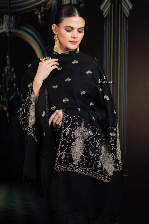 Pashtush Womens Extra Fine Wool Stole, Paisley Ton On Ton Embroidery Palla Design, Black