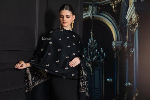 Pashtush Womens Extra Fine Wool Stole, Paisley Ton On Ton Embroidery Palla Design, Black