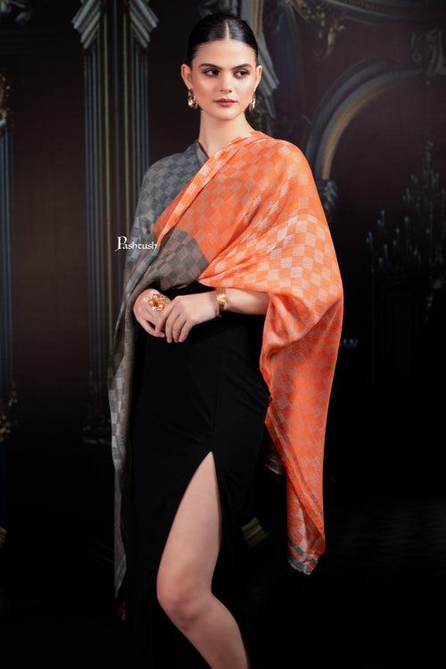 Pashtush Womens Extra Fine Wool Stole, Twin Colour Weave Checkered Design, Amber And Grey