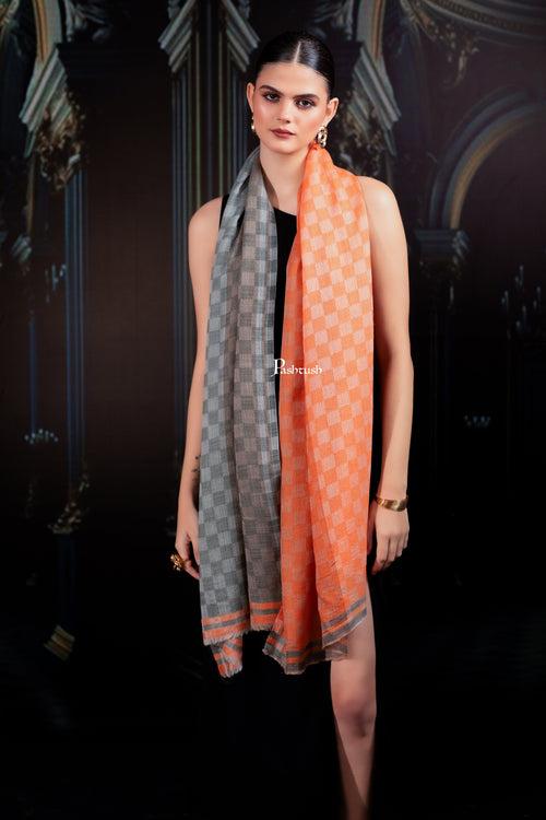Pashtush Womens Extra Fine Wool Stole, Twin Colour Weave Checkered Design, Amber And Grey