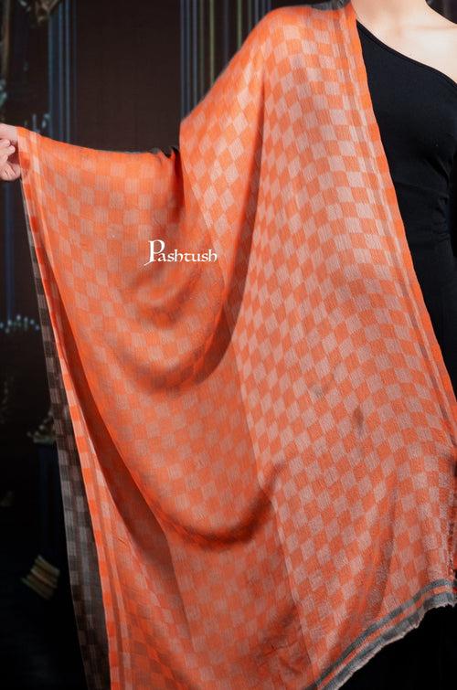 Pashtush Womens Extra Fine Wool Stole, Twin Colour Weave Checkered Design, Amber And Grey