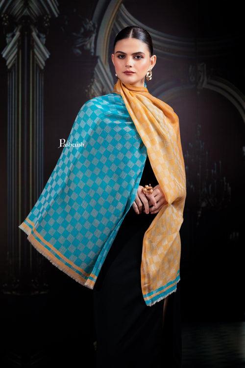 Pashtush Womens Extra Fine Wool Stole, Twin Colour Weave Checkered Design, Sage And Teal