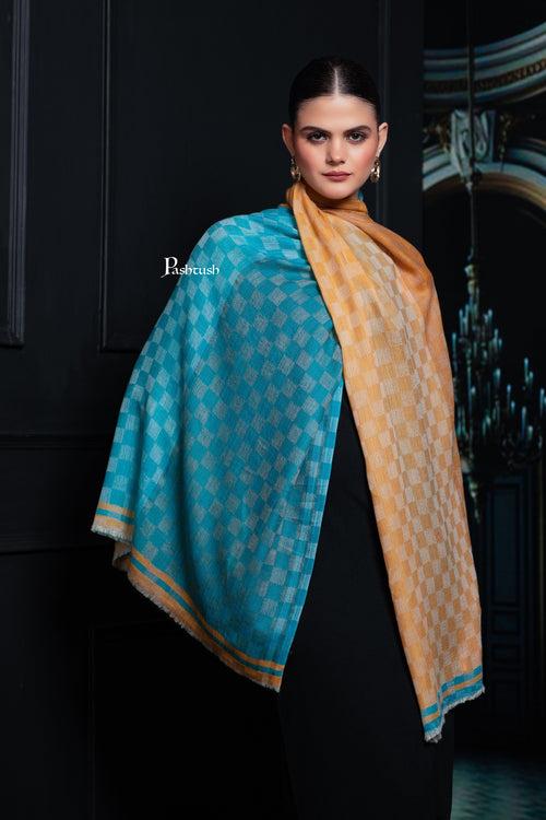 Pashtush Womens Extra Fine Wool Stole, Twin Colour Weave Checkered Design, Sage And Teal