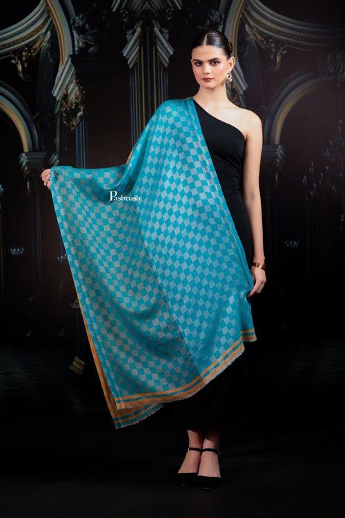 Pashtush Womens Extra Fine Wool Stole, Twin Colour Weave Checkered Design, Sage And Teal