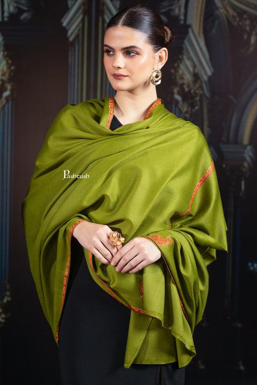 Pashtush Womens Fine Wool Shawl, Hand Embroidered Kingri Design, Emerald Green