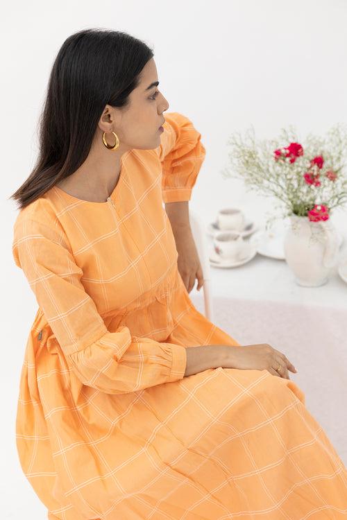 Orange checked Cotton Maxi dress - Nursing