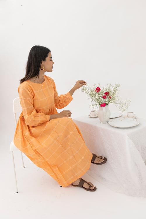 Orange checked Cotton Maxi dress - Nursing
