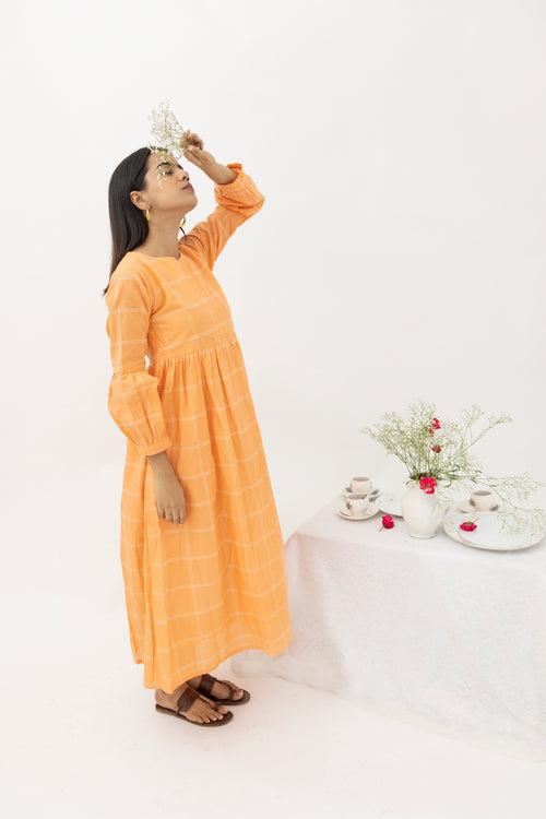 Orange checked Cotton Maxi dress - Nursing