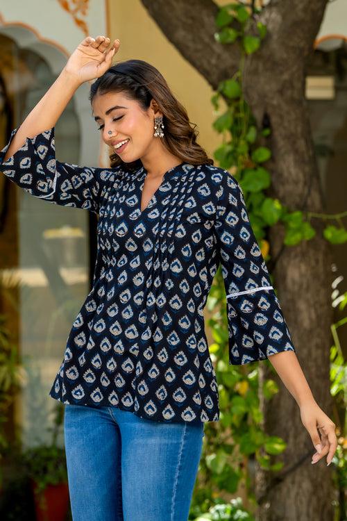 Indigo Buti Pintucks Short Kurta