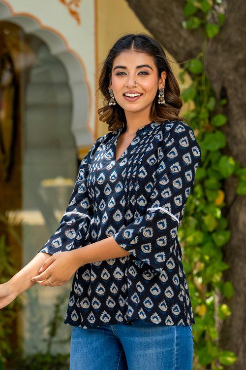 Indigo Buti Pintucks Short Kurta