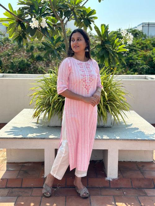 EXP - Pink Stripes - Embroidery Kurti