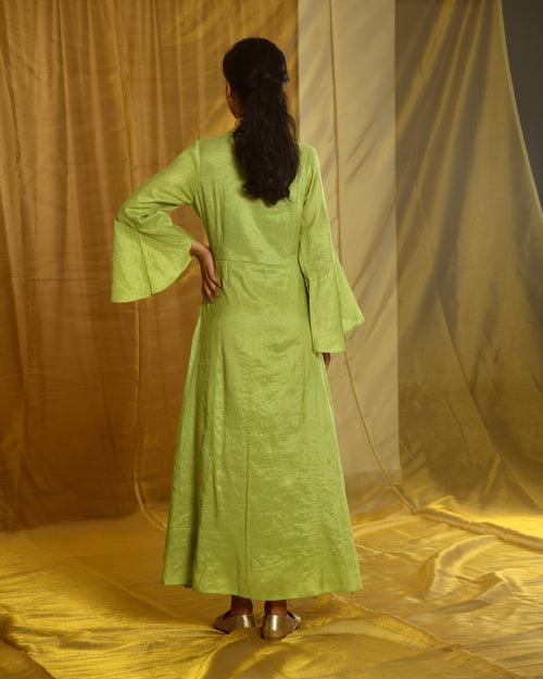 EXP - Kirti Tissue Green Chanderi Knot Dress ( XL Available)