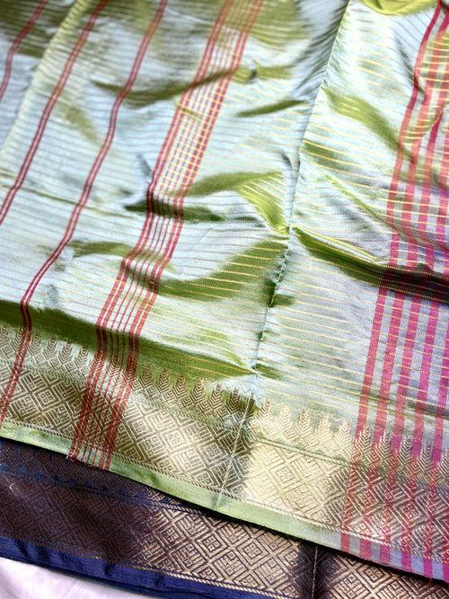 Handwoven Art Silk Saree - Zodiac Blue + Smoke Green