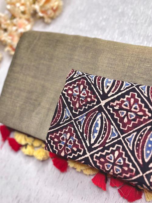 Khadi Cotton Saree -Flush Maroon +Rust Silver