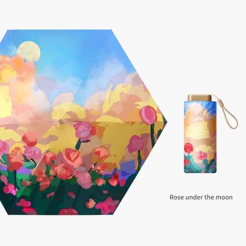 Beautiful Oil Painting effect 6 fold umbrella with pouch | For Rains & sunny day | UV protection