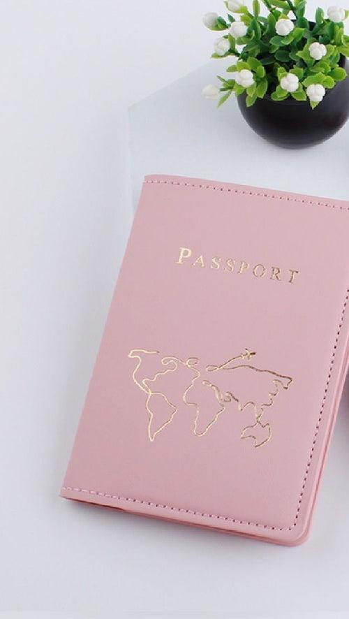 Blush Pink Gold foiled world map Outline Aesthetic Pastel PU leather Passport cover holder cum card holder