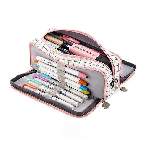 Checkered Multi-functional Big Capacity Pencil Case with Handle