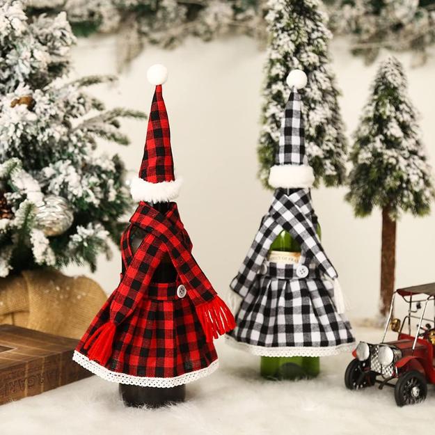 Set of 2 Wine  bottle cover  1Pcs Christmas Decorations Plaid Skirt Set Wine Set Beer Bottle Set Bar Table Atmosphere Black