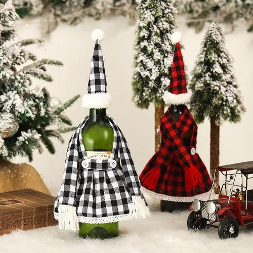 Set of 2 Wine  bottle cover  1Pcs Christmas Decorations Plaid Skirt Set Wine Set Beer Bottle Set Bar Table Atmosphere Black