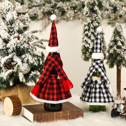 Set of 2 Wine  bottle cover  1Pcs Christmas Decorations Plaid Skirt Set Wine Set Beer Bottle Set Bar Table Atmosphere Black