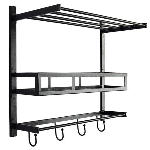 Crinds® Pure Metal Wall Mount Bathroom Shelf with Towel Stand and Hooks