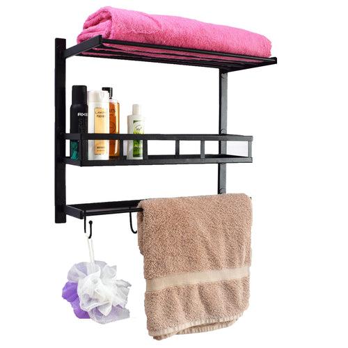 Crinds® Pure Metal Wall Mount Bathroom Shelf with Towel Stand and Hooks