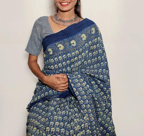 AJRAKH SAREE : DARK INDIGO : BLACK : ANAR YELLOW