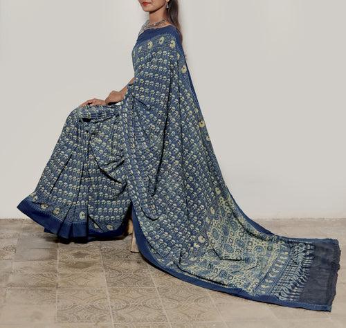 AJRAKH SAREE : DARK INDIGO : BLACK : ANAR YELLOW