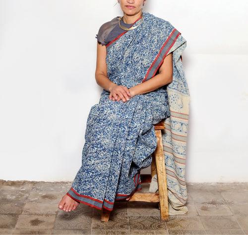 KALAMKARI SAREE : DARK INDIGO : LIGHT INDIGO