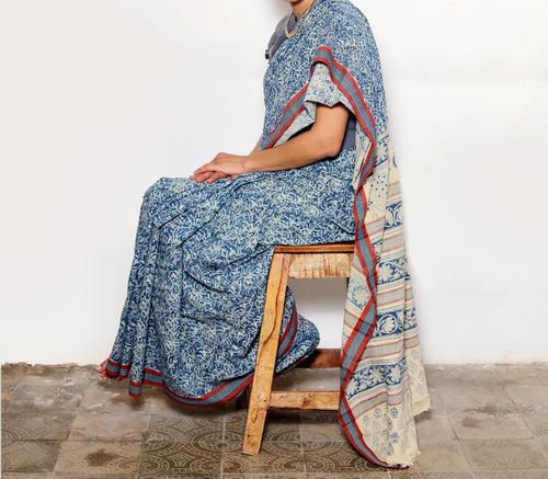 KALAMKARI SAREE : DARK INDIGO : LIGHT INDIGO