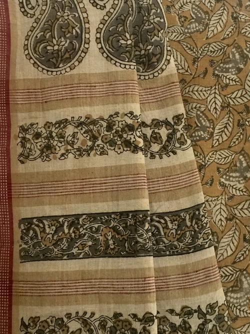 KALAMKARI SAREE : ANAR YELLOW : LIGHT MEHNDI GREEN : KORA