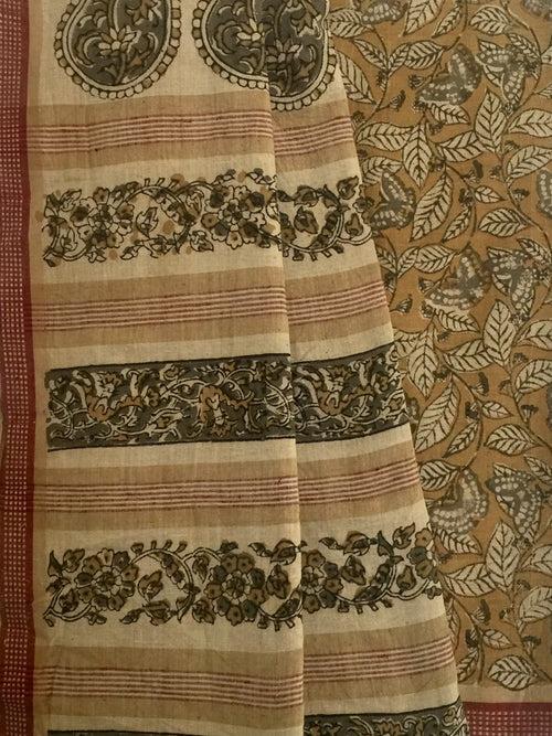 KALAMKARI SAREE : ANAR YELLOW : LIGHT MEHNDI GREEN : KORA