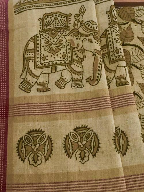 KALAMKARI SAREE : KORA : ANAR YELLOW : MEHNDI GREEN