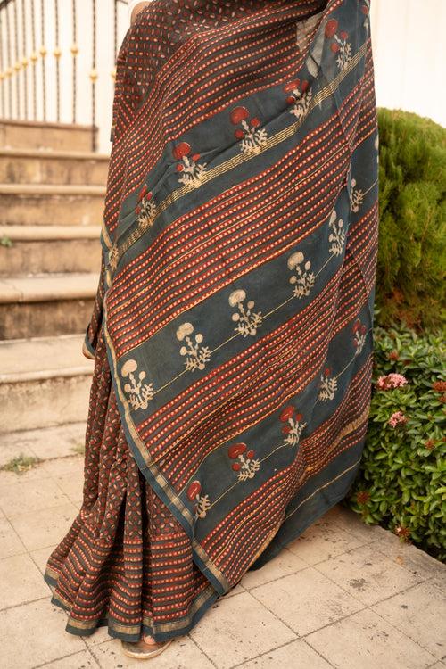 Kaisori Malhar - Dabu Pharad Laal booti  handblockprinted Silk Cotton saree