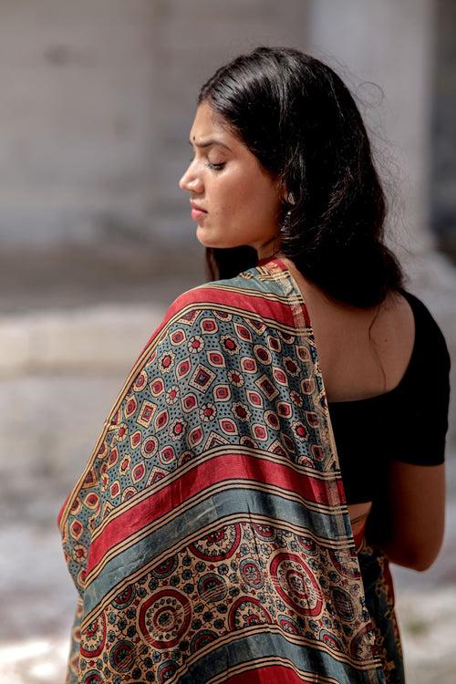 Jharokha -Blue and Red geometric silk cotton Ajrakh handblockprinted saree