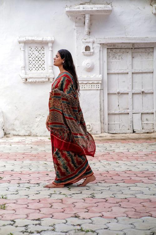 Jharokha -Blue and Red geometric silk cotton Ajrakh handblockprinted saree