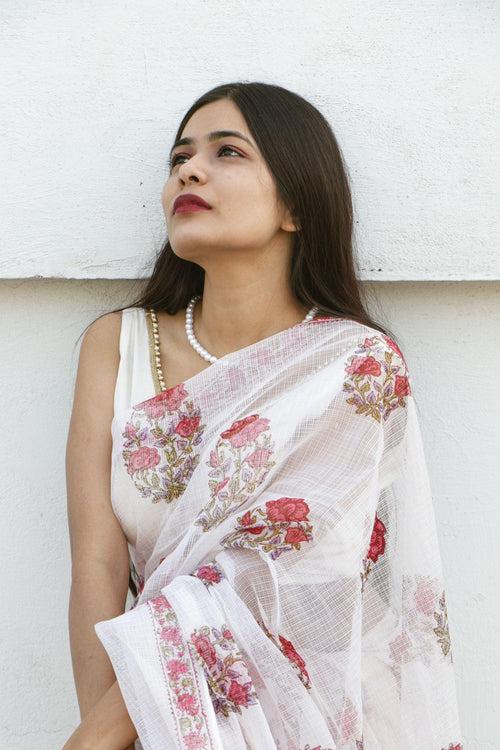Kaisori Bagh Gulab Kota blockprinted silk cotton saree