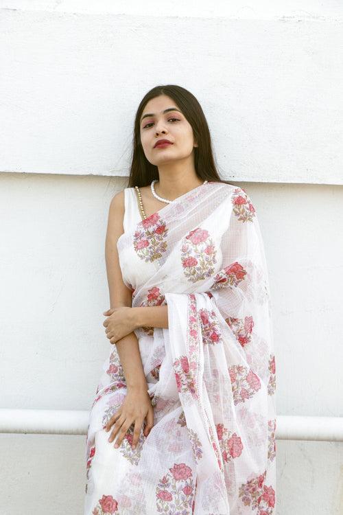 Kaisori Bagh Gulab Kota blockprinted silk cotton saree