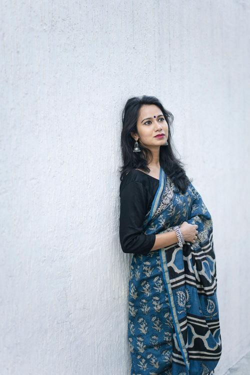 Kaisori Malhar - Dabu Light  Indigo handblockprinted Silk Cotton saree