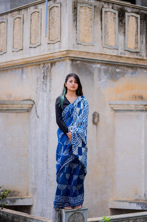 Kaisori Malhar - Dabu Lotus  Indigo Silk Cotton saree