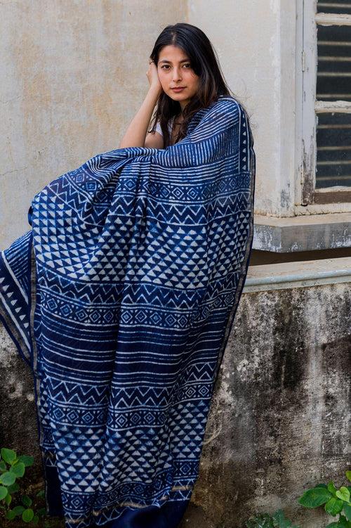 Kaisori Malhar - Dabu Stripes Indigo Silk Cotton saree