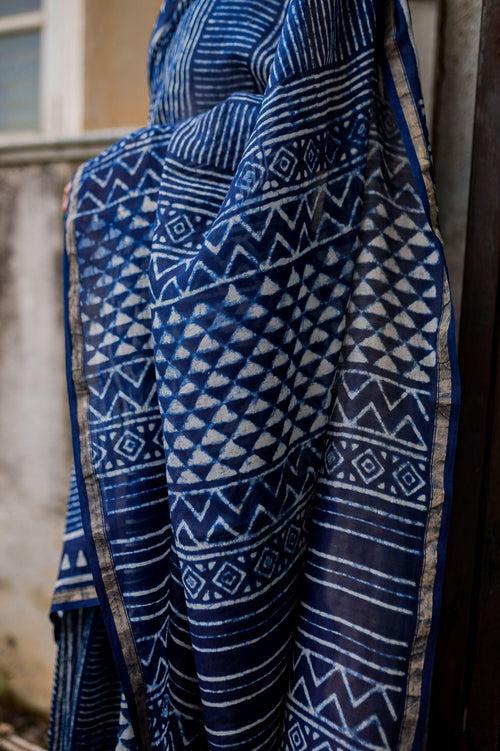 Kaisori Malhar - Dabu Stripes Indigo Silk Cotton saree