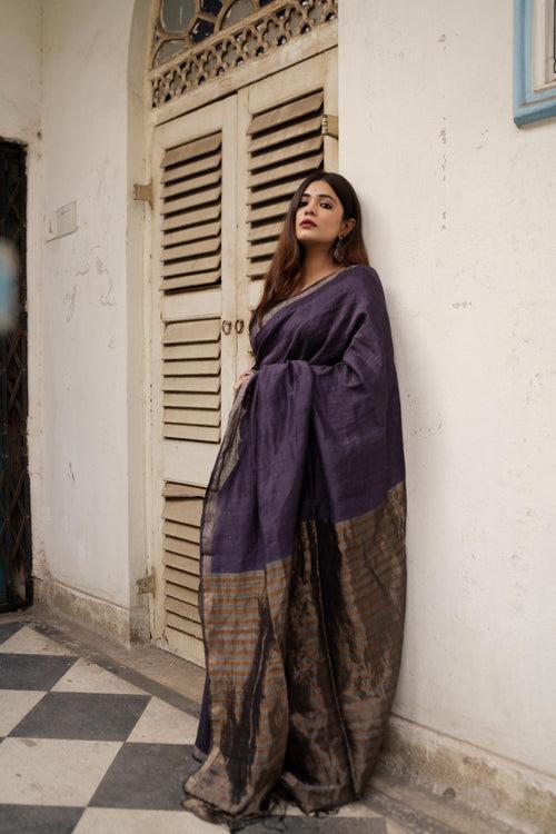 Sitara - Purple  Linen by cotton zari  saree