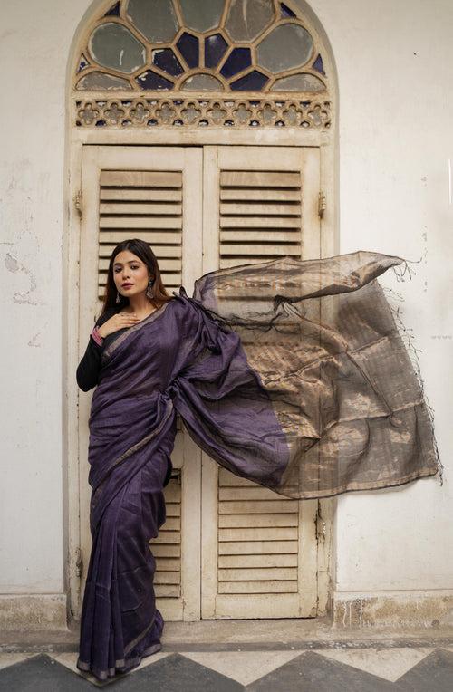 Sitara - Purple  Linen by cotton zari  saree