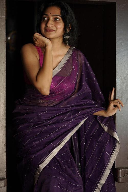 Utsav Purple silk cotton silver Zari Chanderi Saree