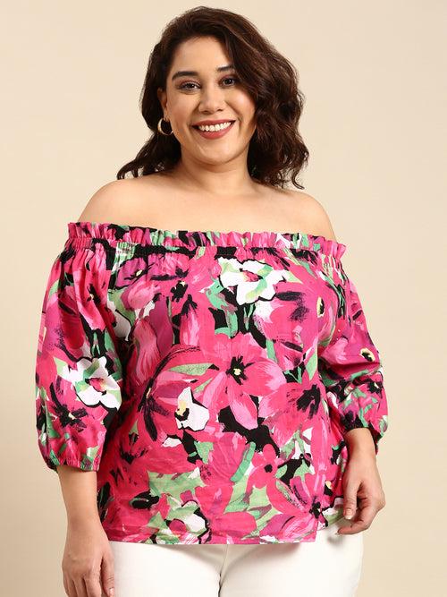 Poplin Floral Print Off Shoulder Top