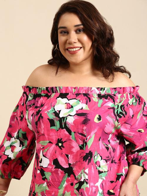 Poplin Floral Print Off Shoulder Top