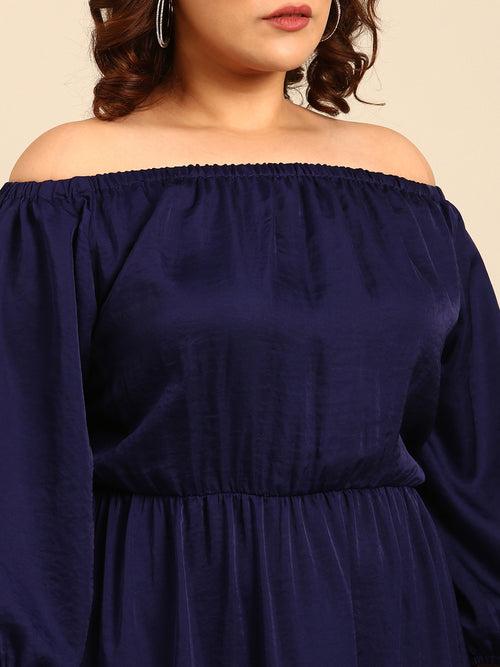 Navy Satin Offshoulder Dress